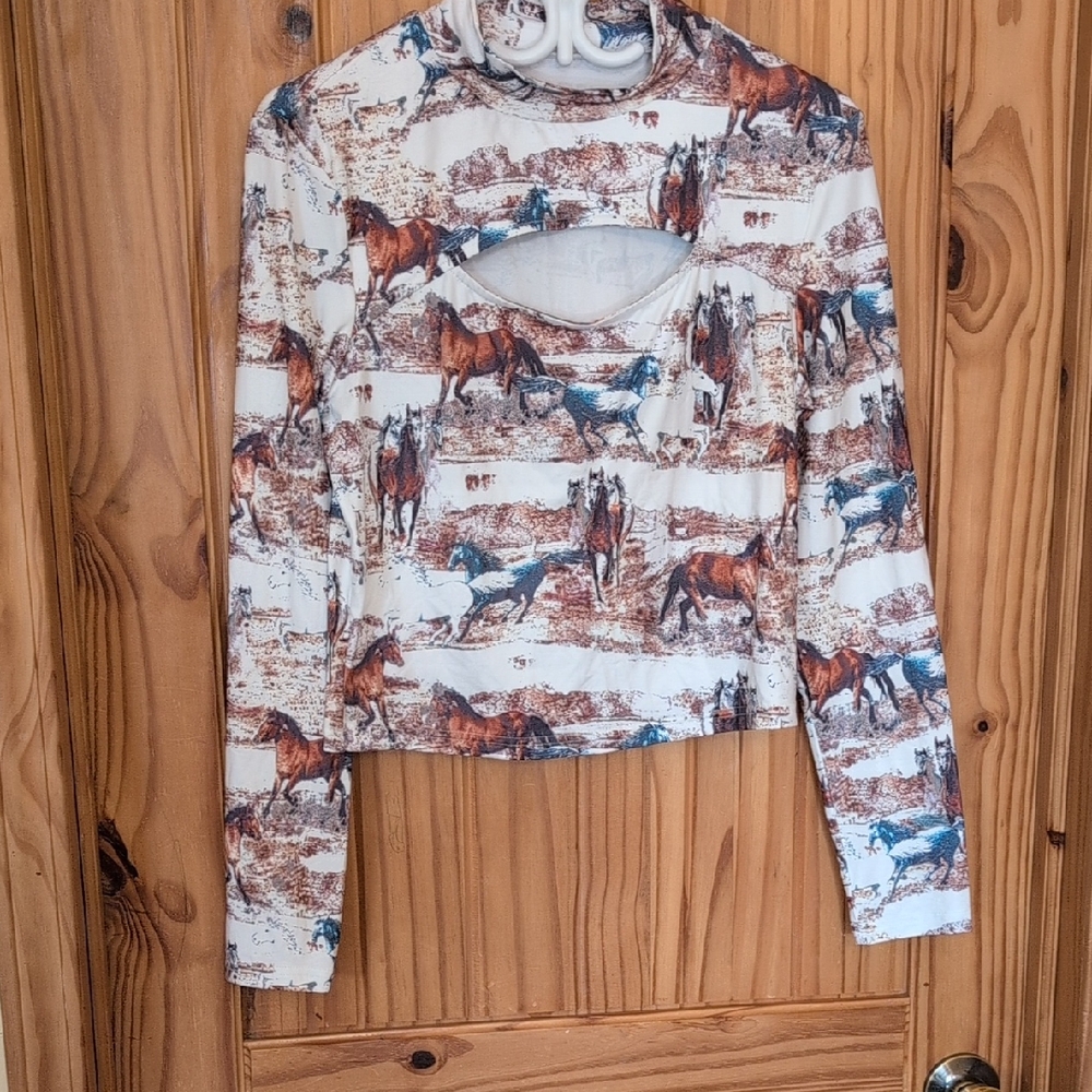 Horse Print Long Sleeve Crop Top